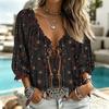 Women's Casual V-Neck Print Blouse with Tie Front and Three-Quarter Ruffle Sleeves