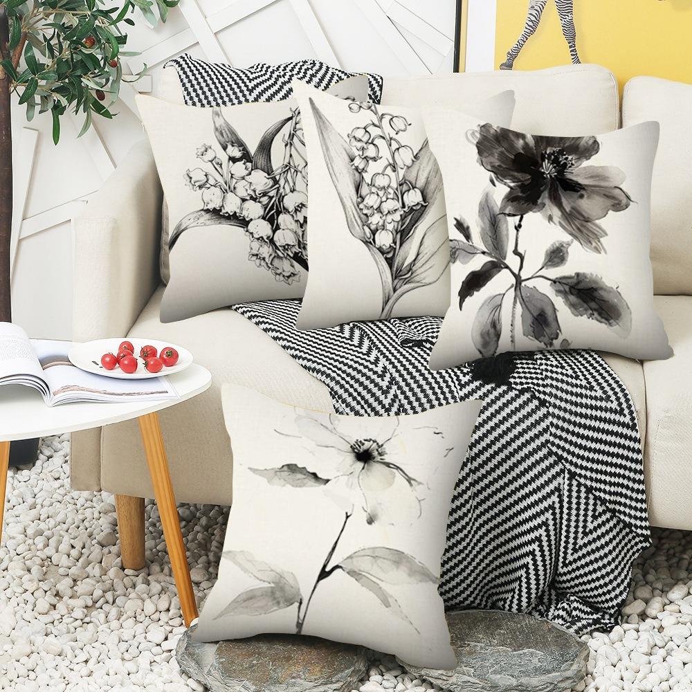 Chinese Style Ink Painting Floral Home Decor Pillowcase Bedroom Living Room Sofa Decoration Polyester Cushion Cover With Zipper