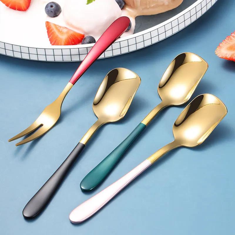 Stainless Steel Spoon Ice Cream Spoon Children's Titanium-plated Spray Paint Dessert Spoon Honey Stick  Kitchen Accessories