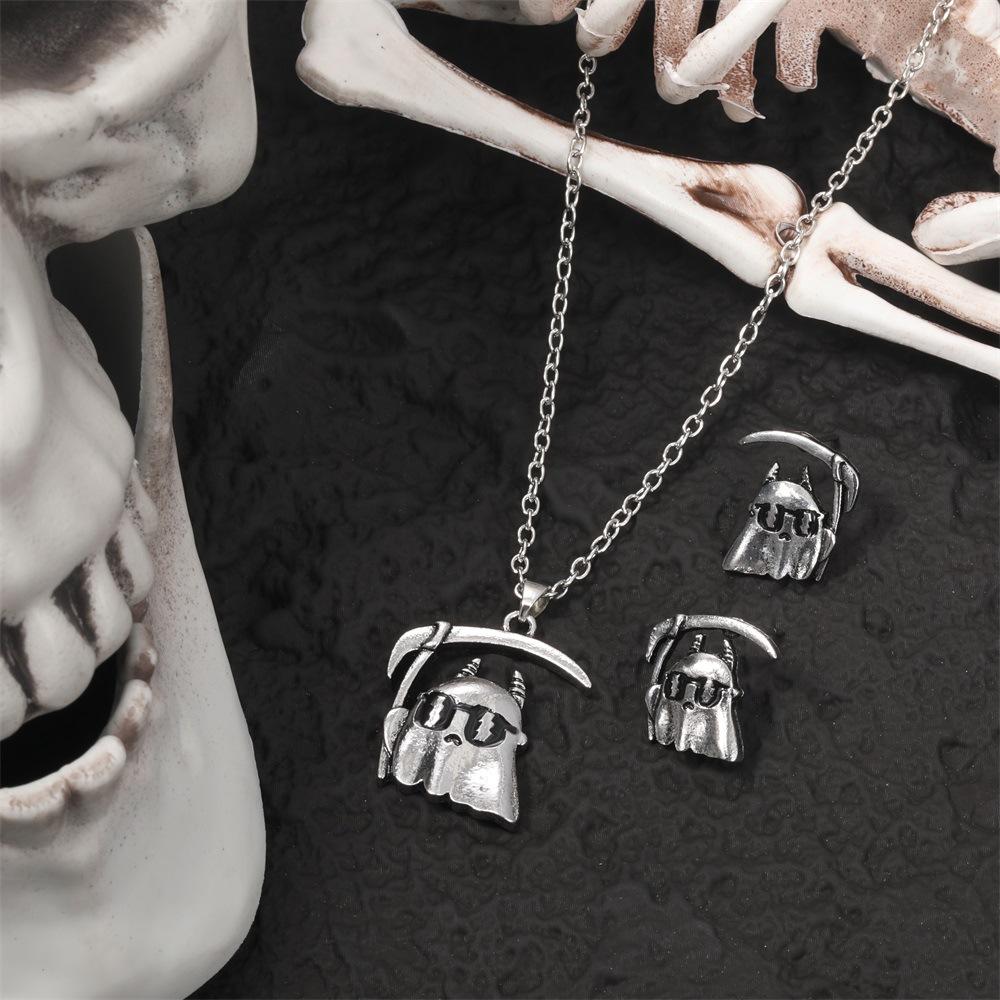 Halloween Ornaments Personalized Jewelry Set, Vintage Ghost Sickle Skeleton Bat Necklace Earrings 3-Piece Set