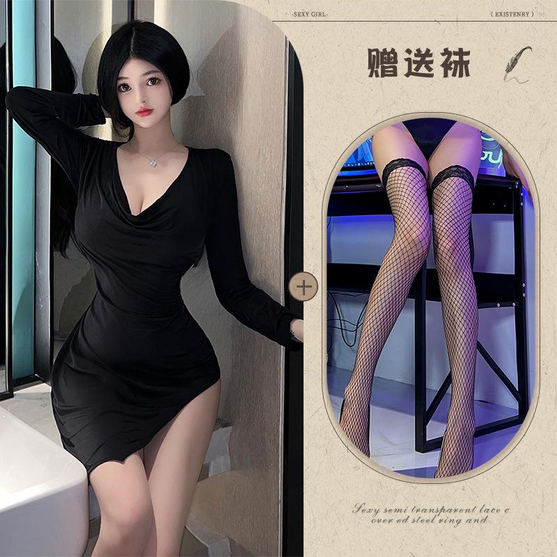 Split Perspective Sex Underwear Sexy Nightclub Style Uniform Hot Free Ice Silk Large Dress