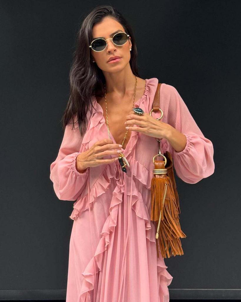 Layered V-Neck Long Dress for Women - European and American Style