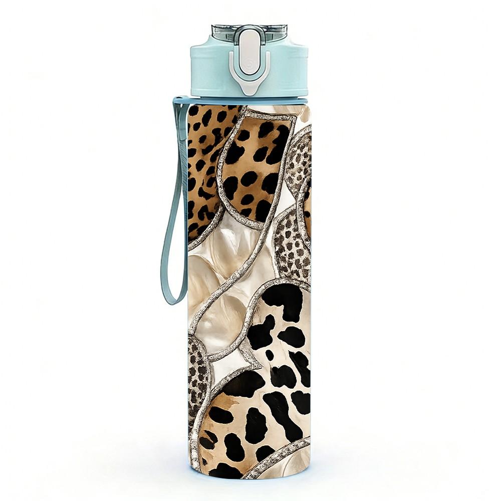 1PC Leopard Mixed Fur Pattern Print 750ml Color Plastic Sports Water Bottle Leakproof Flip Straw Lid Suitable for Sports Office Home Use