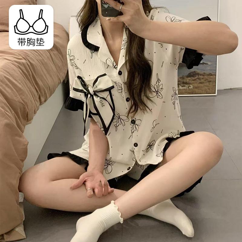 Pajamas with chest pads women s summer cloud cotton short-sleeved shorts sweet and loose new summer loungewear set M