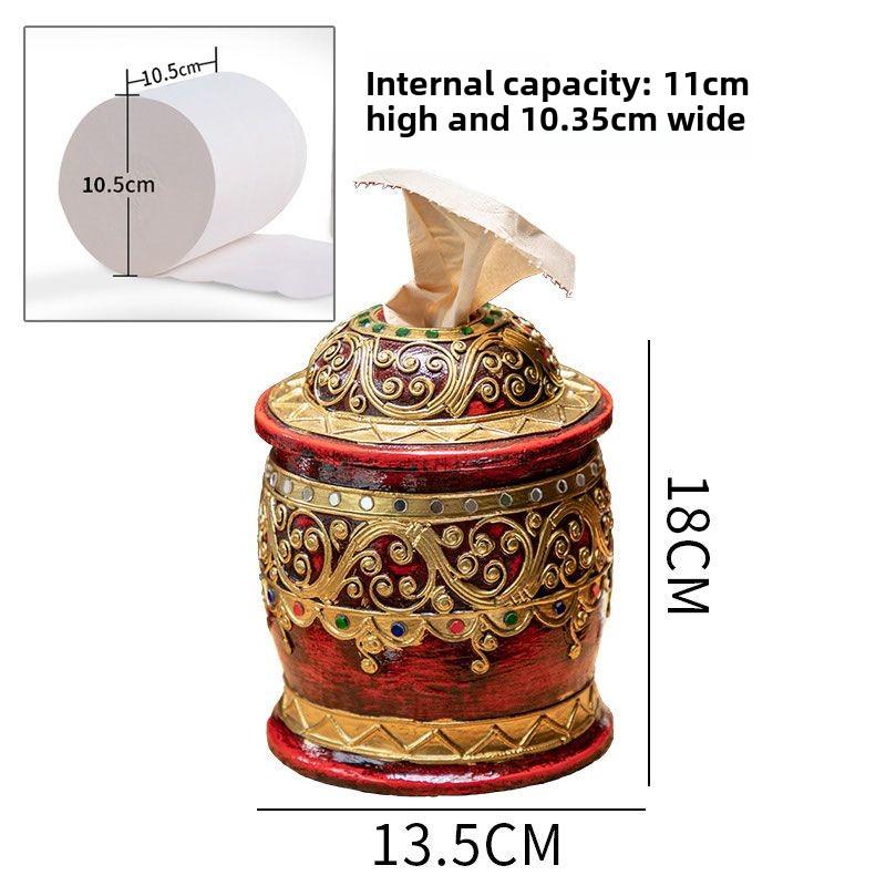 Solid Wood Retro Tissue Box, European High-end Roll Paper Tube, Circular with Lid, Living Room Household Roll Paper Box