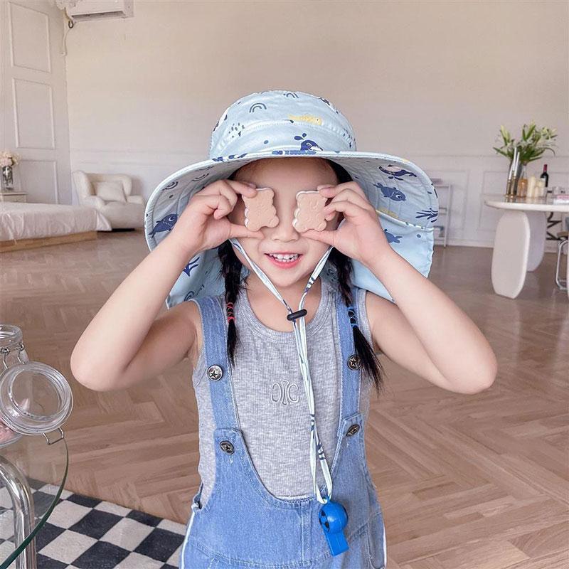 Summer Kids Anti-UV Fisherman Caps Large-Brim Cartoon Animal Print Girls Sun Visor Cap Outdoor UV Protection Children Mesh Beach Caps