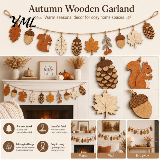 Sustainable Gift for Her Fall Wooden Garland Decor, Rustic Autumn Hanging Ornament with Squirrel Sun Bleached Wood Art Maple Leaf Pinecone,