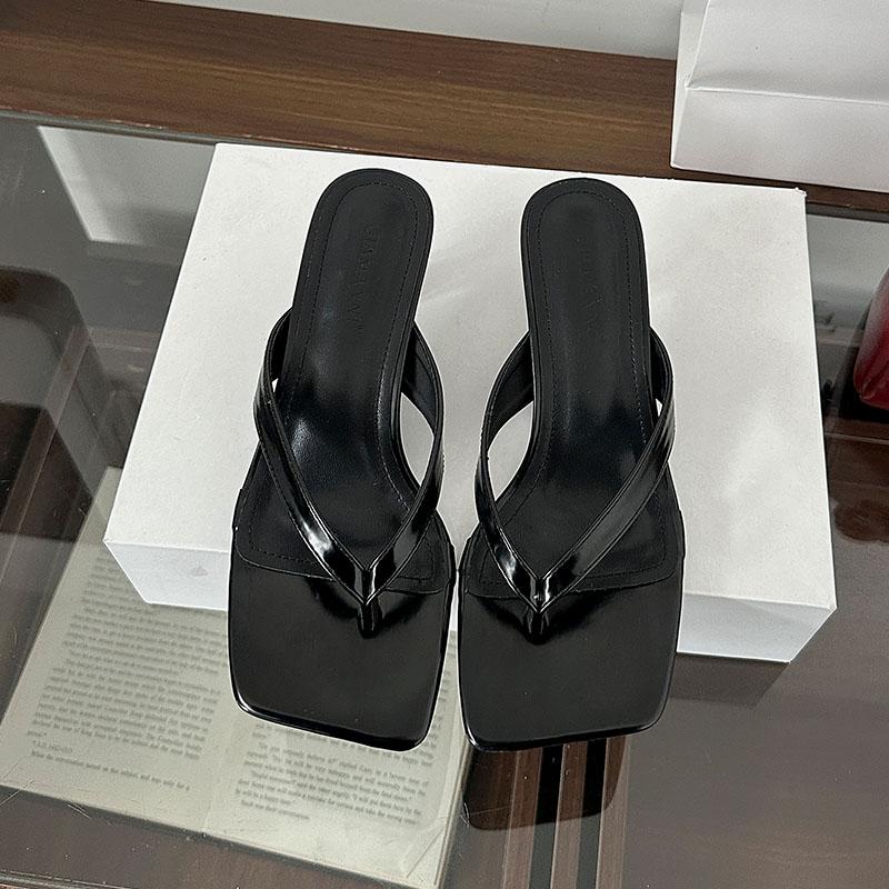 Fashion Luxury Fashion Square Toe Ladies Heeled Slippers Female Slides Sandals Shallow Women Low Heel Slippers Shoes Flip Flops