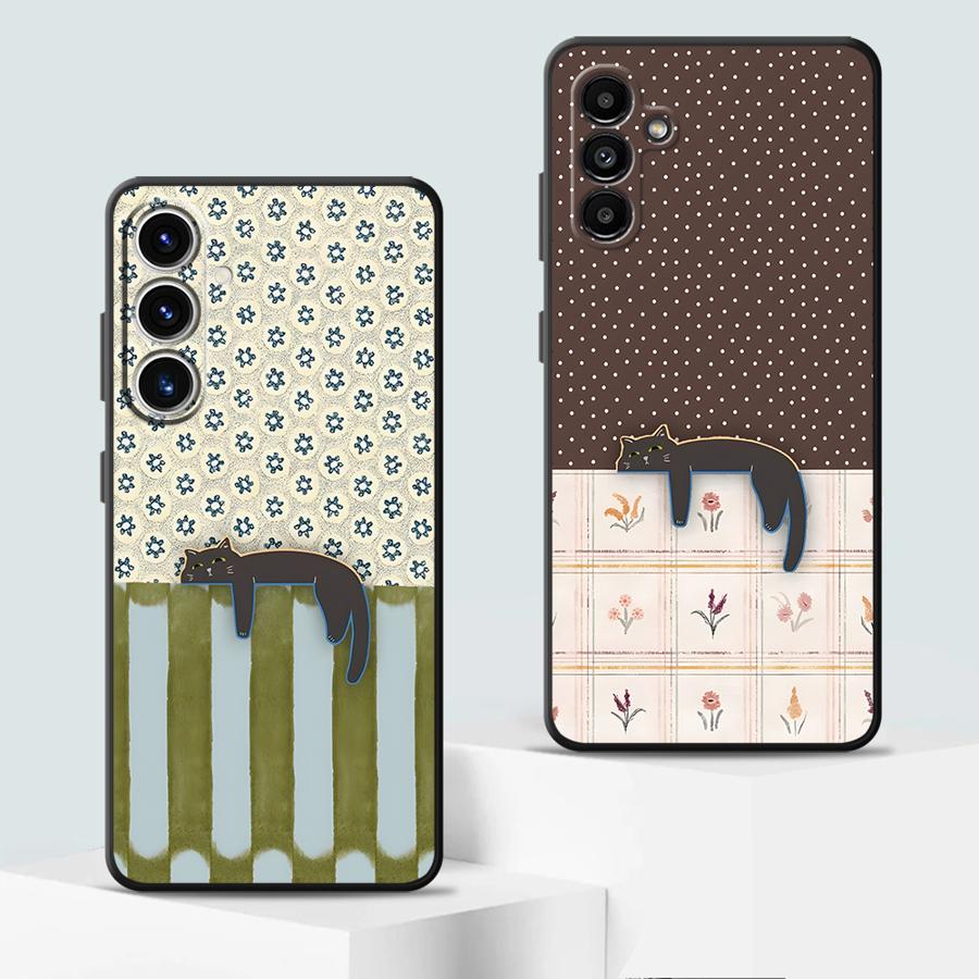 Case for Samsung Galaxy A57 A24 A53 A35 A55 A73 A51 A25 A37 A22 A32 A26 A23 A52 A36 Phone Cover A71 A72 Cartoon Grid Cat