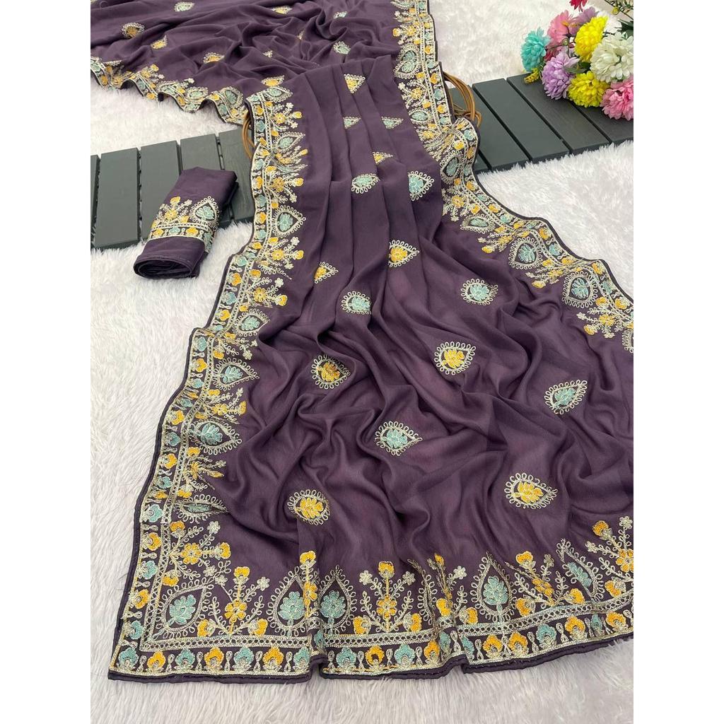 Pure  soft star Georgette silk fabric with thread work embroidered with piping border