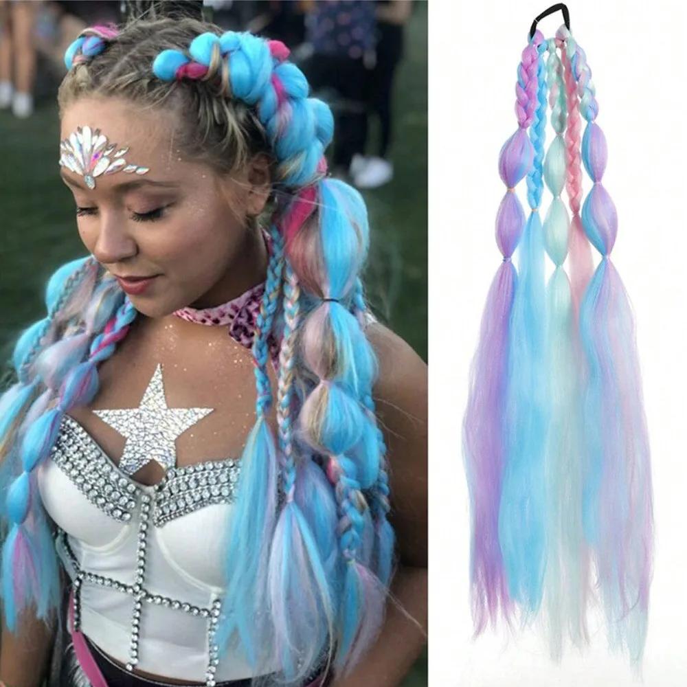 60CM Color Bubble Braid Synthetic Wig Fashion Hip-hop Color Gradient Ladies Wig Simulation Natural High Temperature Silk Hair
