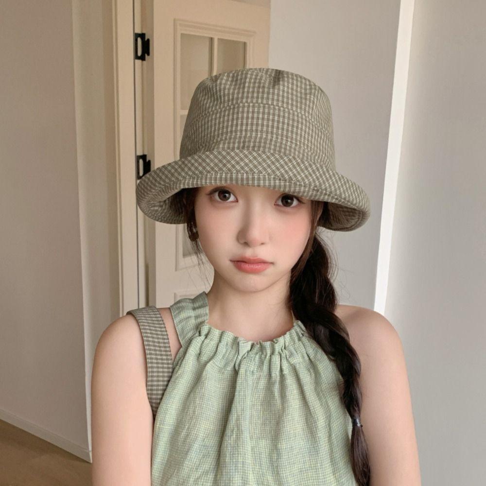 Fashion Summer Plaid Bucket Cap Curled Bow Plaid Sun Hat Foldable Quick-dry Fisherman Caps Outdoor