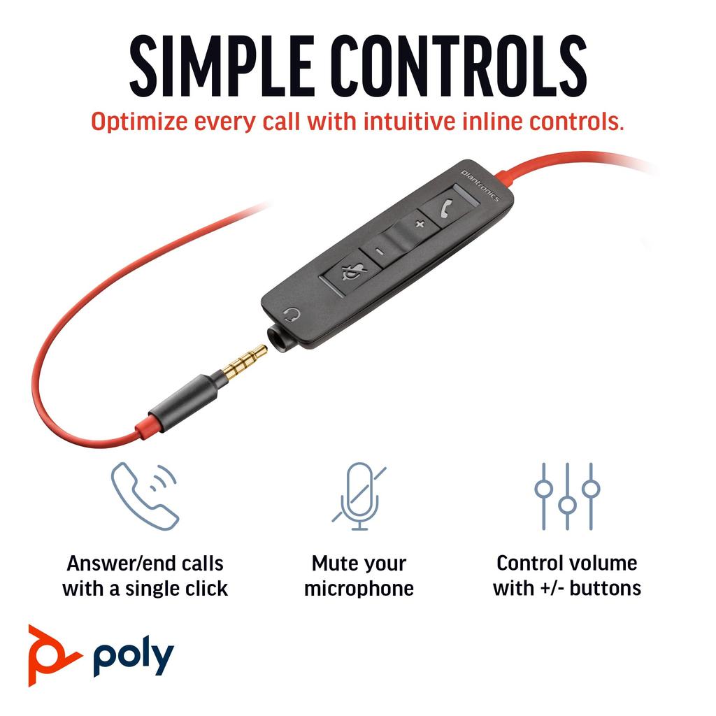Poly Blackwire 3225 Wired Headset Noise with for Web Conferencing Plantronics Polycom 8G0X1AA (USB-C & 3.5mm Connection, Cancelling, Microphone,