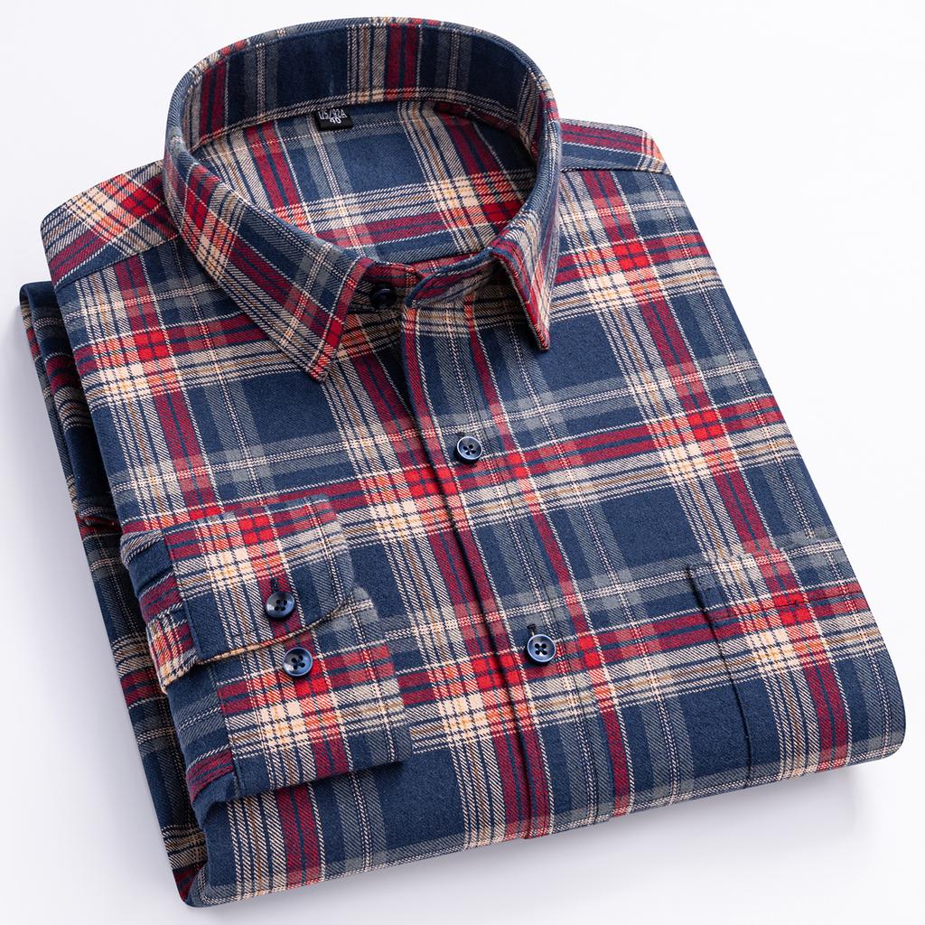 Over Size 100%cotton Brushed Plaid Long Sleeve Shirts for Men Single Pocket Casual Tops Soft Vintage Elegant Designer Clothes