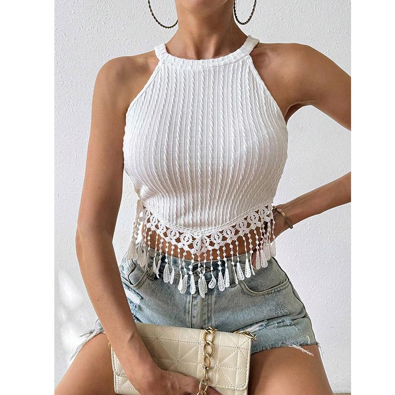 Women's Spring and Summer New Elegant Tassel Vest Short Slim Fit Slim Navel Top