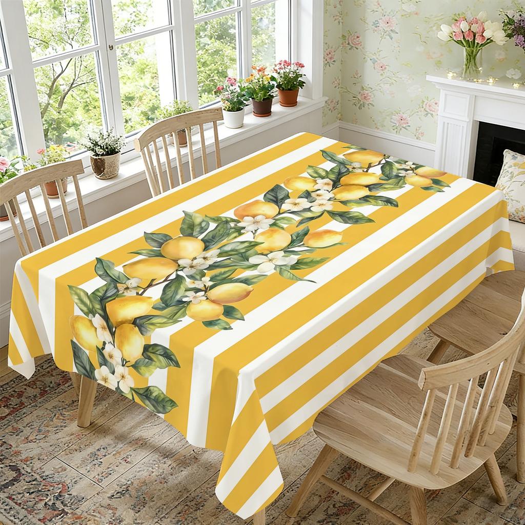 Summer Lemon Striped Tablecloth for Table Decor Reusable Lemon Flowers Leaf Print Kitchen Dining Table Cloth Wedding Party Decor