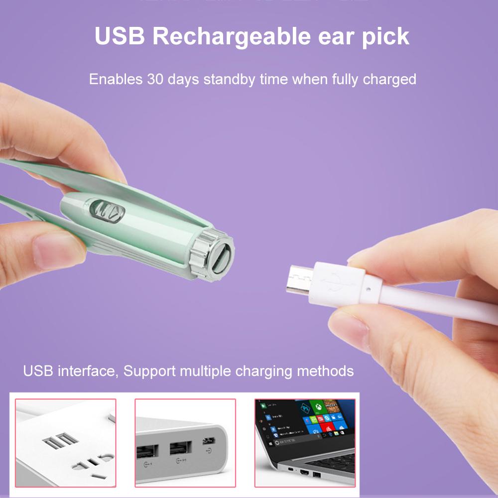 LED Light Ear Pick USB Rechargeable Ear Wax Removal Nose Clean Clip Baby Adults Ear Nose Clean Tweezers Remover Set