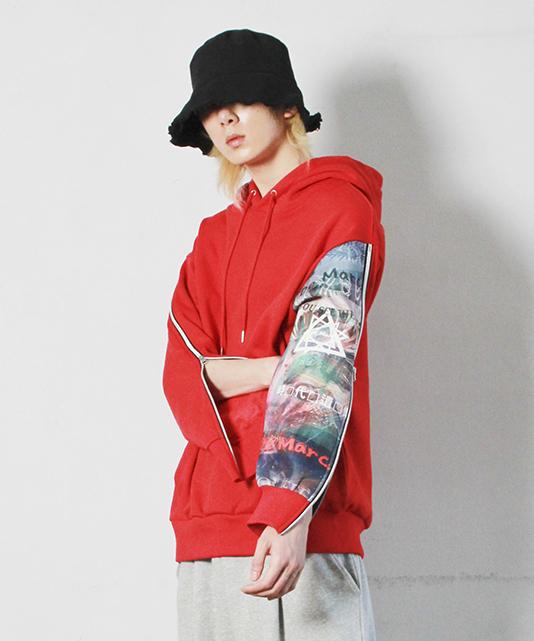 Zip-Up Sleeve Asymmetrical Graffiti Hoodie Fleece-Lined Red