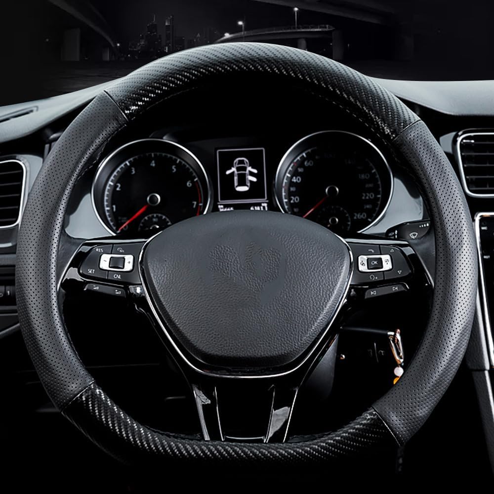 Car Carbon Fiber And Leather D-Shape Steering Wheel Cover, Stylish Car Non-Slip Leather Car Interior 15 Inches Universal Black