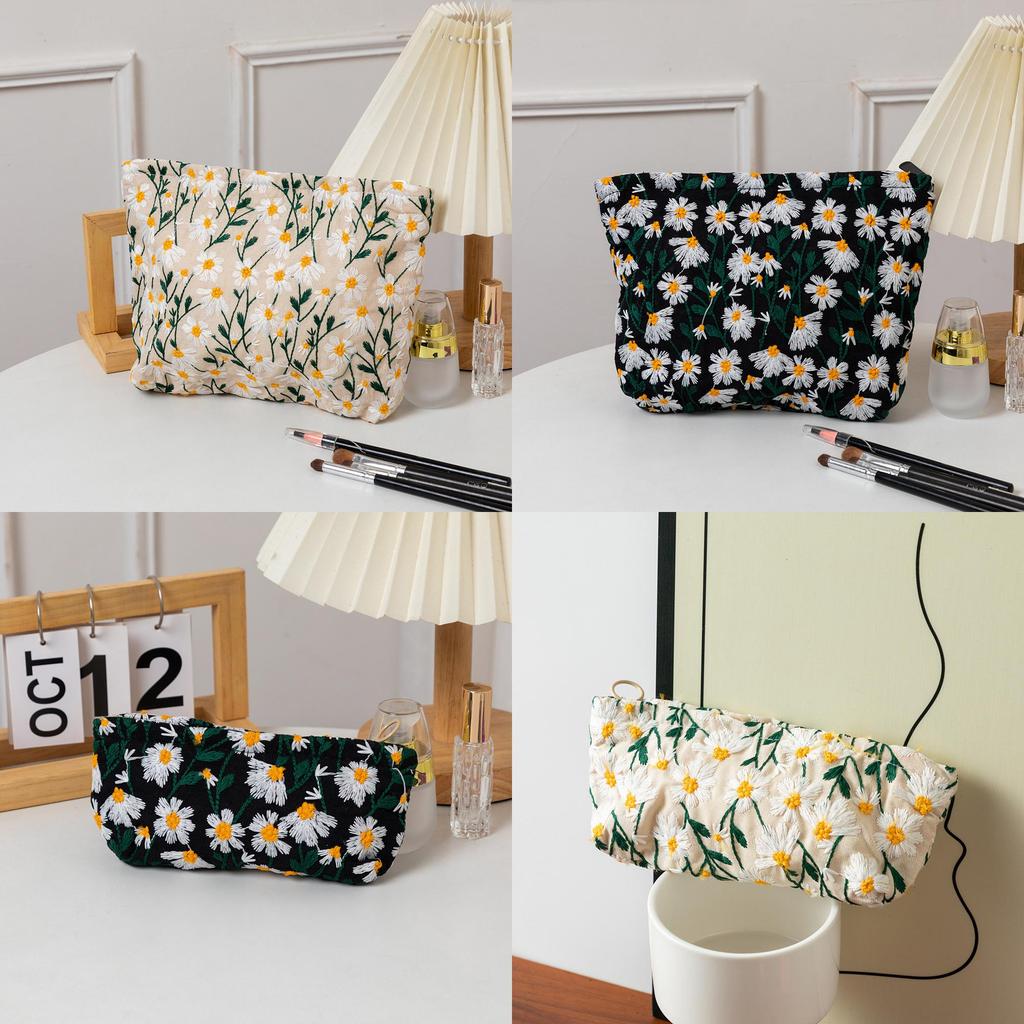 Canvas Embroidery Cosmetic Bag With Floral Pattern For Travel And Home Use
