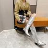 Fashion 2025 New Women's Boots Gold/silver Leather Thick Heel V Mouth Pointed Toe Knee High Boots Fashion Western Cowboy Knight Boots