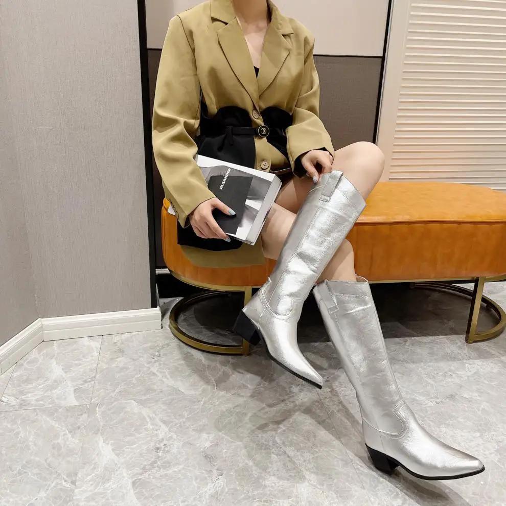 Fashion 2025 New Women's Boots Gold/silver Leather Thick Heel V Mouth Pointed Toe Knee High Boots Fashion Western Cowboy Knight Boots