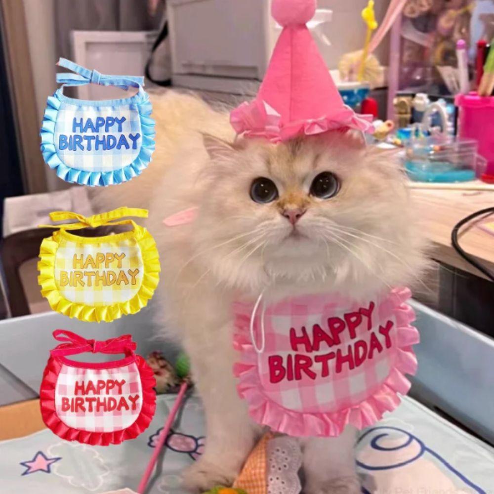 Soft Cat Birthday Scarf Hat Set with Digital Stickers Cat Saliva Towel Birthday Party