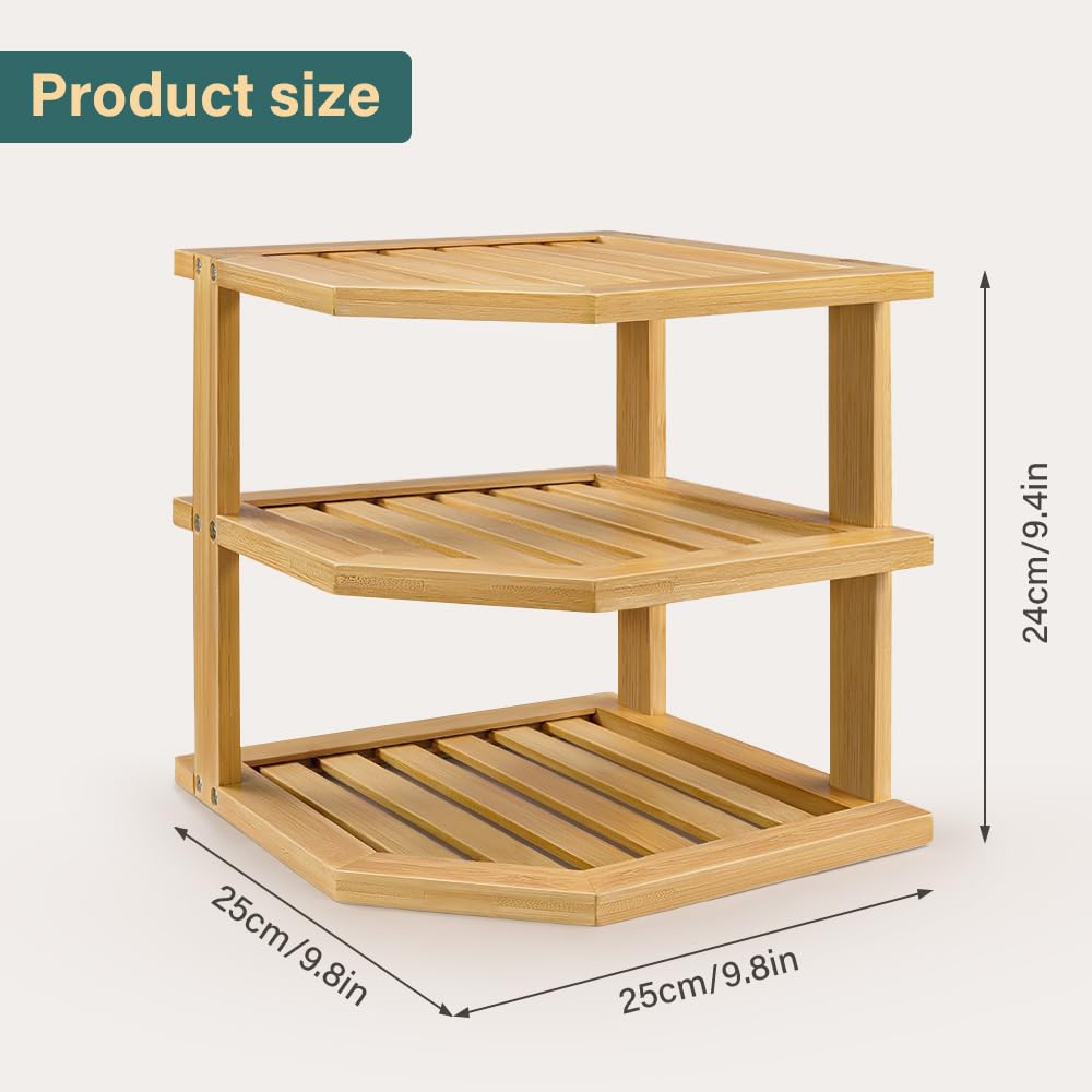 BFTOU Bambus-Tellerorganizer, Küchenschrank-Organizer, 3-stufiges Eck-Arbeitsplattenregal für Teller, Geschirr und Badezimmer-Arbeitsplatten, Natur