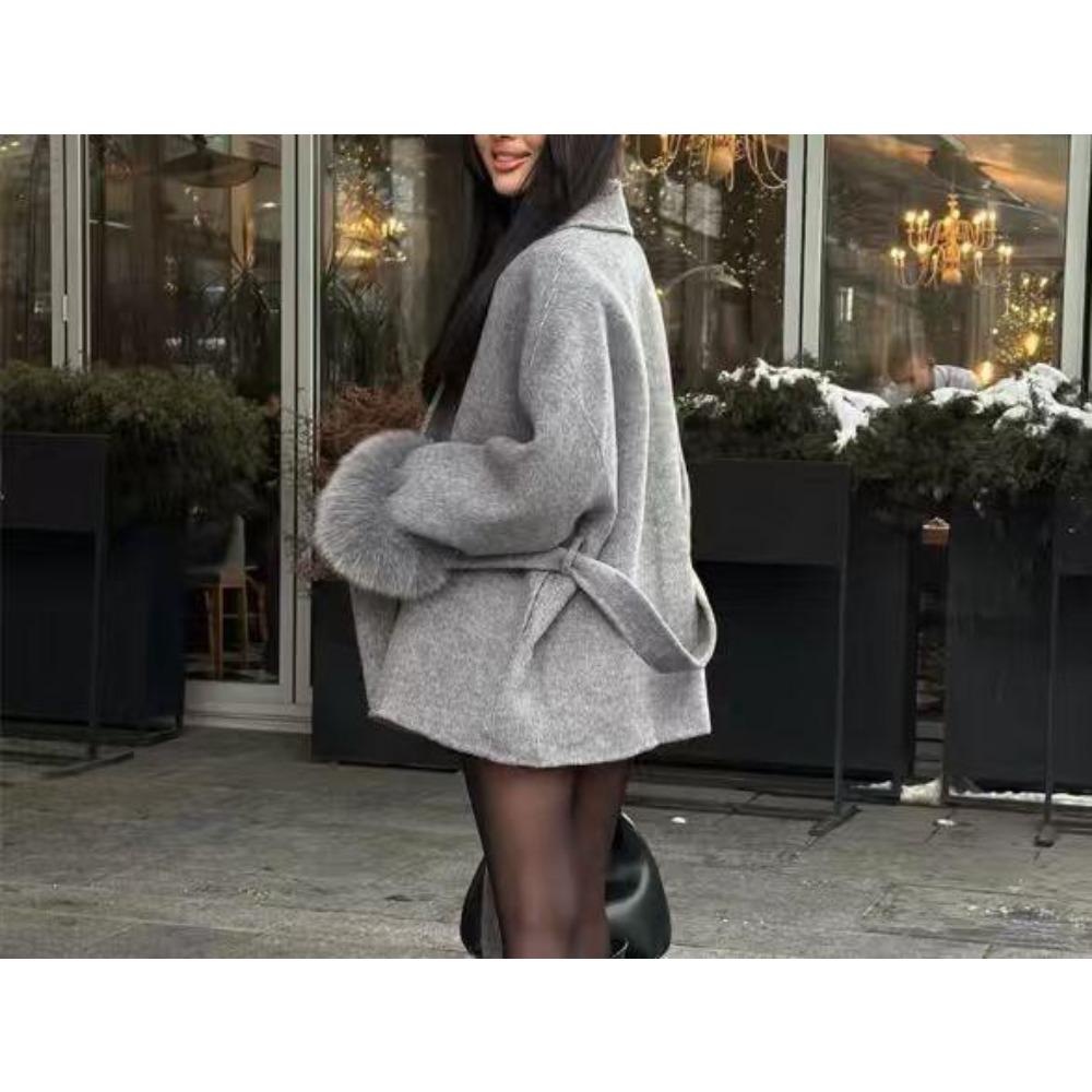 Fashion Lapel V-neck Woolen Coat Women Chic Lace Up Single Breasted Pocket Loose Jacket Lady Daily High Street Outwears