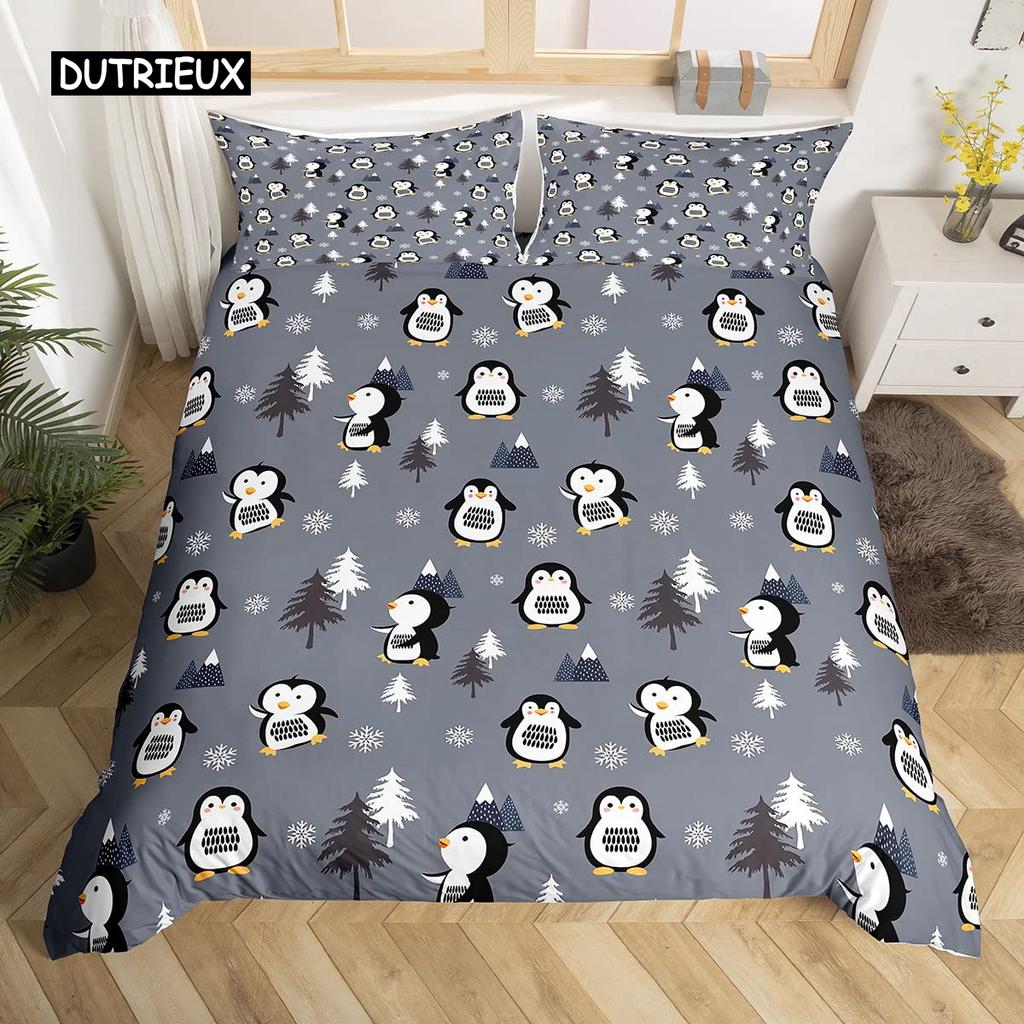 Penguin Comforter Cover Package Queen Dimension Size Sweet Animal Design for Kids Teens Bed Ensemble Sweet Penguin Animal Design Cozy Quilt Cover