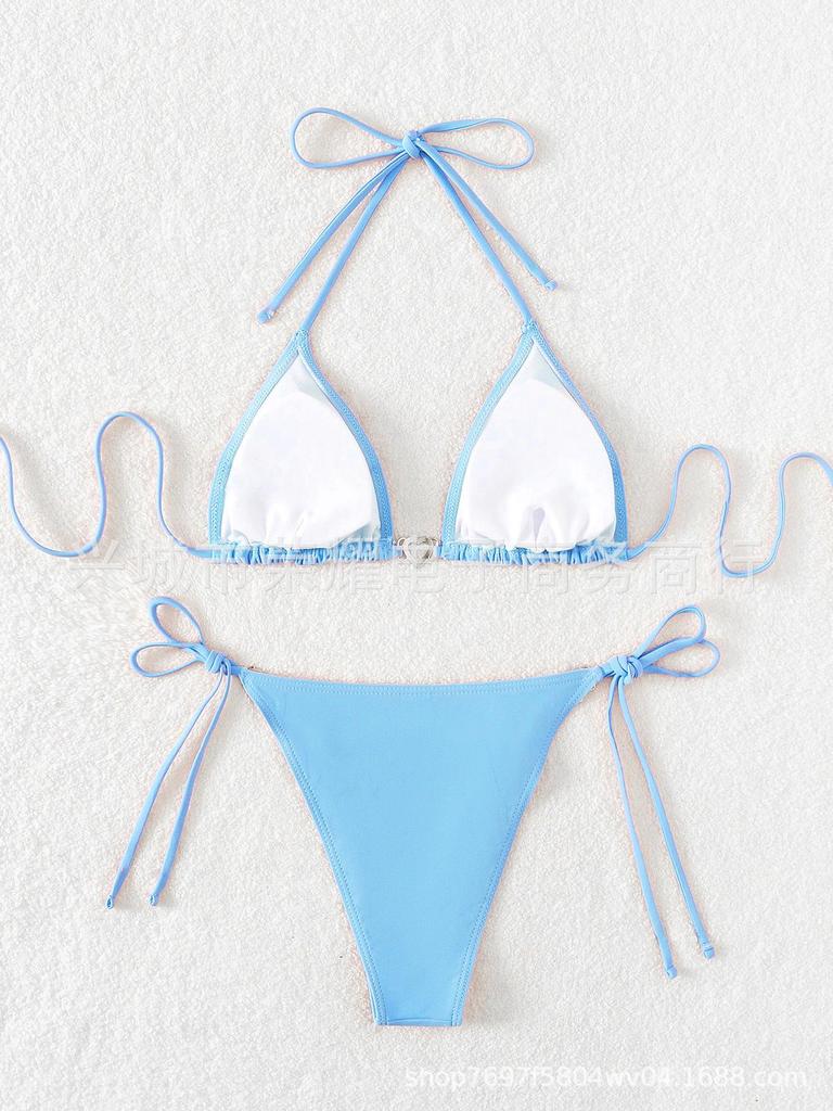 2024 European & American Sexy Solid Color Tie-Up Bikini Swimsuit - Women's Split Swimwear