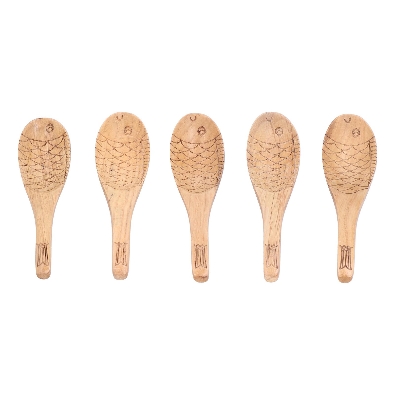 5Pcs Soup Spoon Fish Shaped Carved Wooden Rice Spoon Kitchen Tool for Mixing Cooking