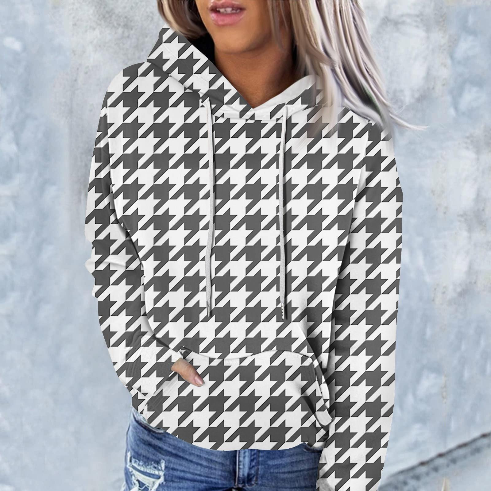 Женская модная повседневная толстовка с капюшоном и длинным рукавом в клетку M темно-синий — фото 5