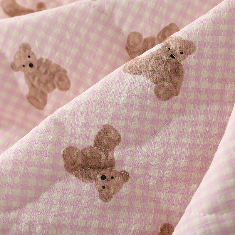 Light Yellow Pink Plaid Quilted Bear Print Cotton Vest Jacket