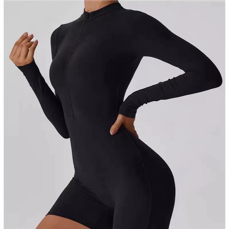 European-American Zipper Long-Sleeve Sexy Tight Jumpsuit - Brushed Nude Yoga Suit