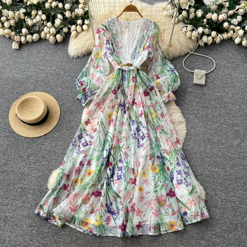 French light and mature style printing hollow dress women's spring and summer V-neck lantern sleeves waist and thin temperament long dress