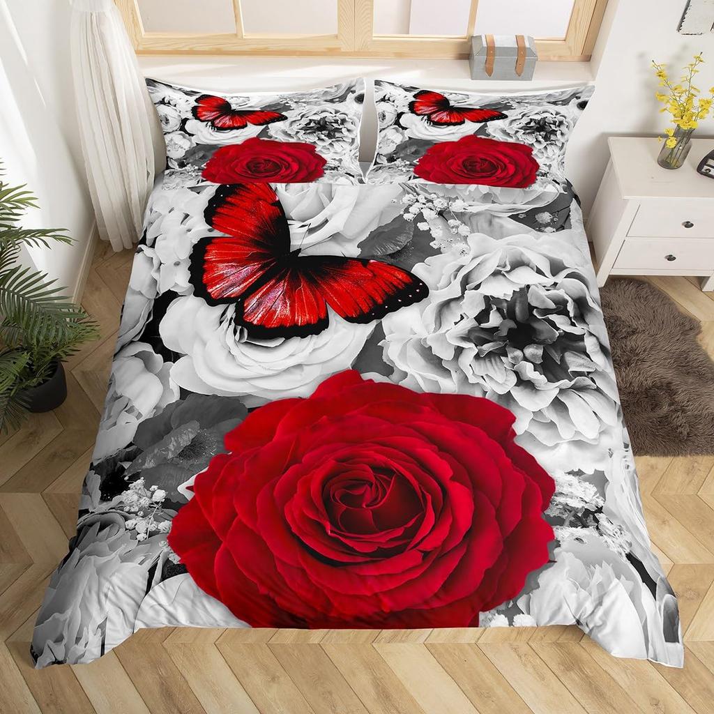 Valentine's Day Duvet Cover Queen Full Red Rose Romantic Flower Duvet Cover Heart Shaped Print Floral Black Soft Comforter Cover