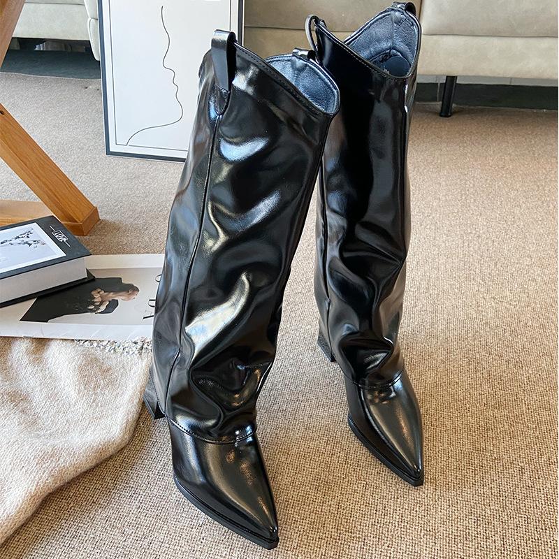 

916 High Heel Pointed Brown Maillard Pants Medium Boots Women s Shoes 2025 Autumn and Winter Skinny Thick Heel Skinny Boots 39 чорний