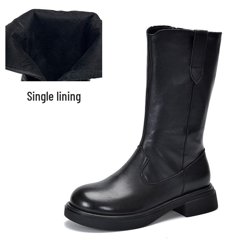 Botki jeździeckie do połowy łydki z prawdziwej skóry z bocznym zamkiem błyskawicznym, 2025 Jesień/Zima, ocieplane polarem, damskie kozaki na średnim obcasie ze skóry bydlęcej.