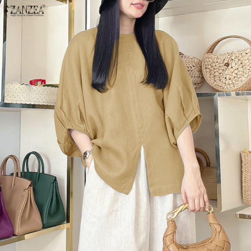 ZANZEA Women Casual Round Neck Slit Loose 3/4 Sleeve Blouse