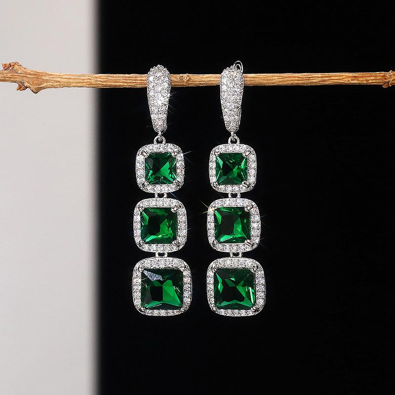 

European and American Luxury Shiny Zircon Square Earrings with Colorful Gemstones