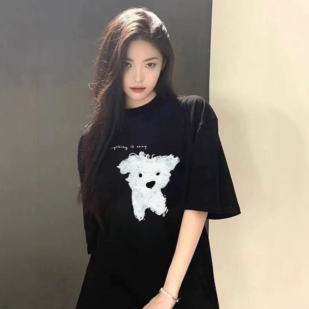 Black Cotton Cute Puppy Short-sleeved T-shirt Female Summer Student Loose Lazy Style Design Half-sleeved Top