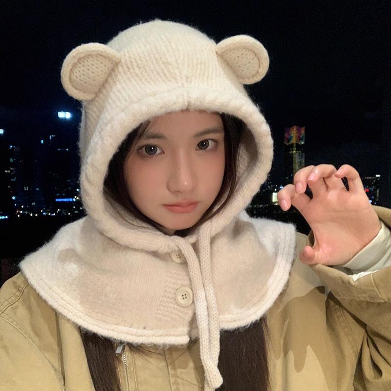 

Вязаный комплект шапка-бини с медвежьими ушками и шарф для женщин - Акриловая ткань, Натягивающийся, Вязаная балаклава, Зимняя шапка с интегрированным теплым согревателем для шеи one size белый