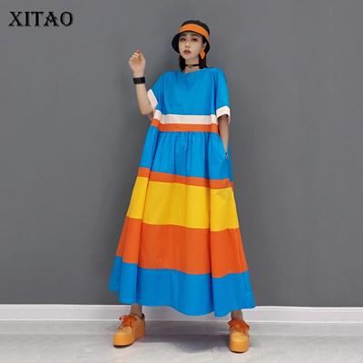 Contrast Color Large Size Dress Fashion New Loose Folds Splicing Simplicity O-neck Collar Casual Women CLL1248