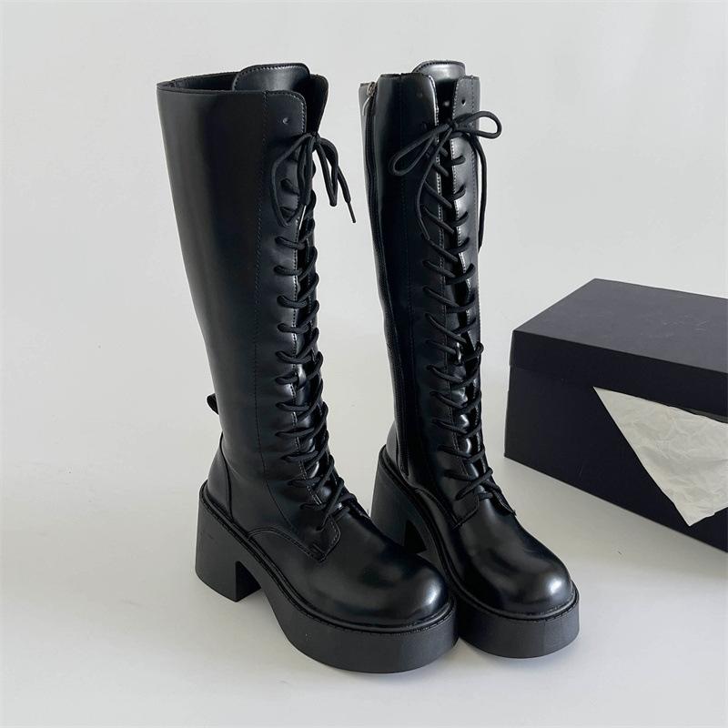 Beige British style thick heel lace-up platform boots women's 2025 new spring and autumn season height-increasing and thin knight boots