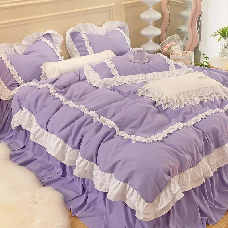 Princess Ruffle Duvet Cover Set Bed Skirt Pillowcase Four Seasons 4pc Beddin Quilt Cover Sheet Double Bed Queen King