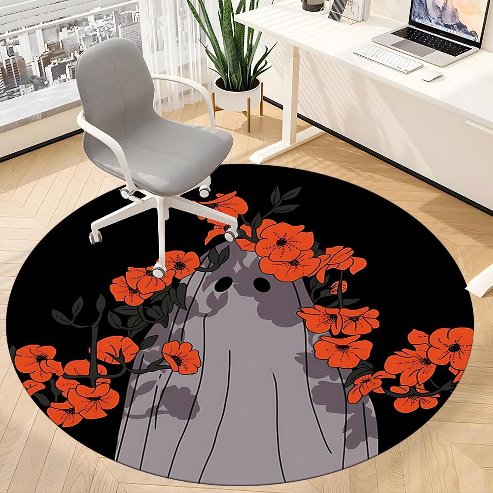1pc Ghost Flowers Office Round Area Rug, Mat Suitable For Office, Under Office Chairs Bedroom Living Room Home Decor, Room Deco