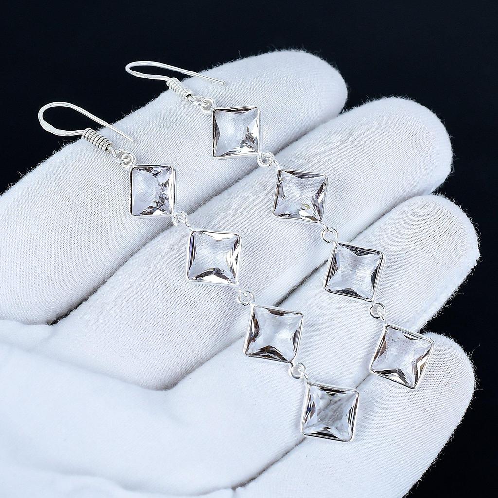 White Topaz Gemstone Earrings, 925 Sterling Silver Earrings, Handmade Silver Earrings For Gift, White Topaz Dangle Earrings New Year Gift
