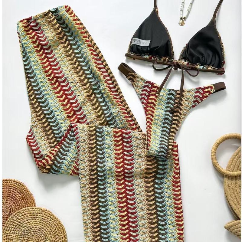 Women S Three Piece Swimsuit Set Knit Lace Up Long Pants Bikini For Beach Vacation
