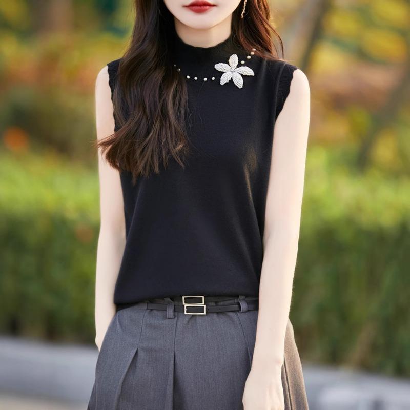 Damen Frühling Perlenbesetztes Blütenblatt Halber Stehkragen Strickweste Ärmellos Innen Außen Wolle T-Shirt Top